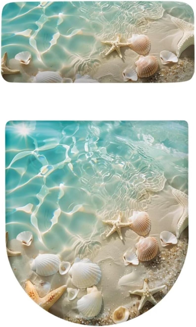 CREAMIC Sea Shell Toilet Lid Cover and Toilet Tank Cover 2 Piece Set Toilet Seat Cover with Elastic Edge Keep Dust Stain Machine Washable Seat Covers Fits Most Lids for Accessories Decor - Image 5